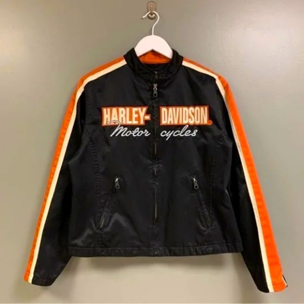 Vintage Harley Davidson Black & Orange Motorcycle Jacket